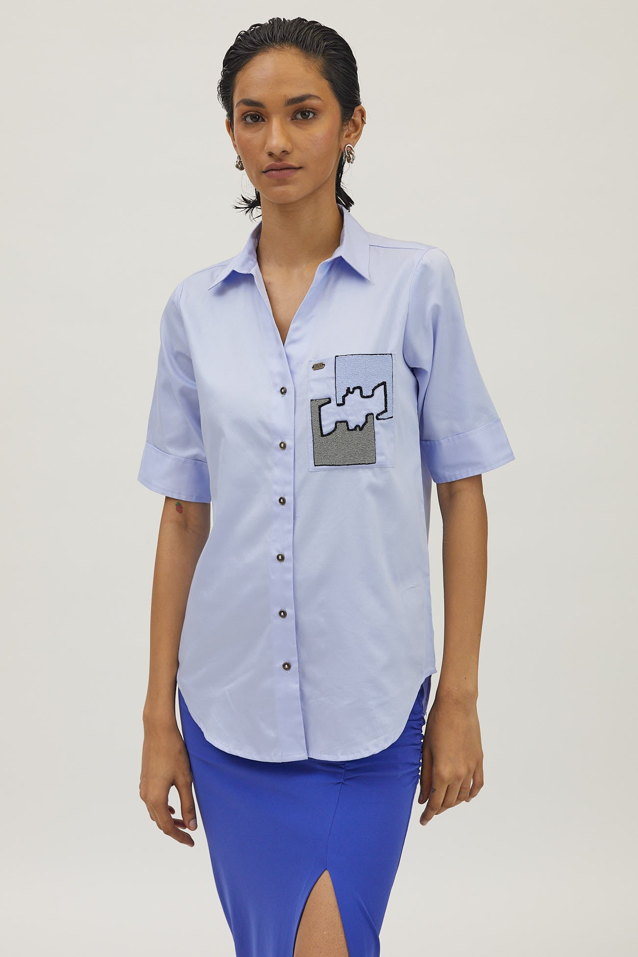 Sky Blue Puzzle Pop Embroidered Shirt