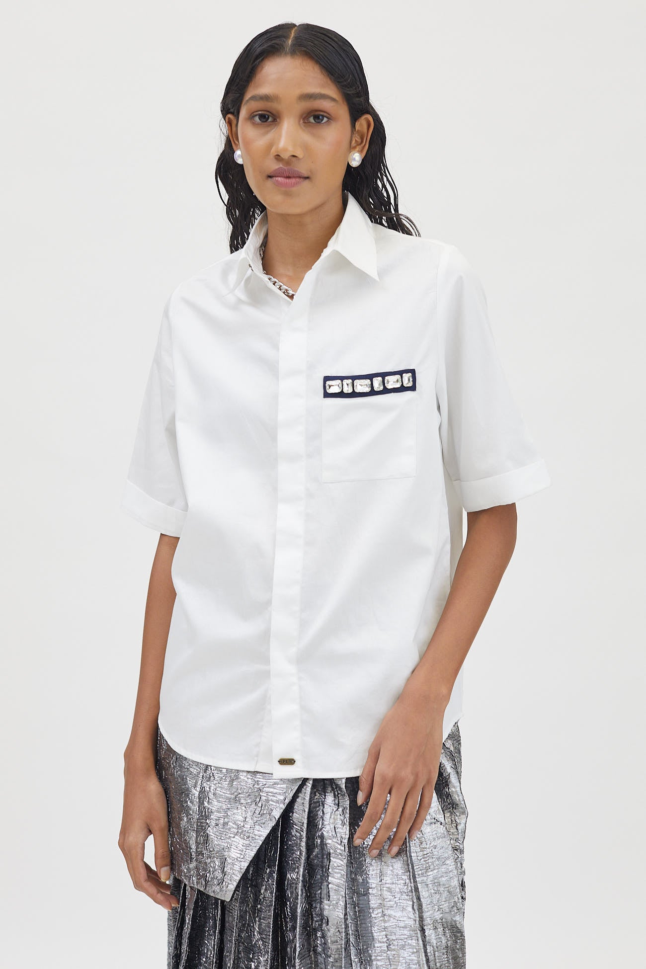 White Rectangle Swarovski Pocket Shirt