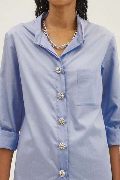 Sky Blue Swarovski Button Shirt