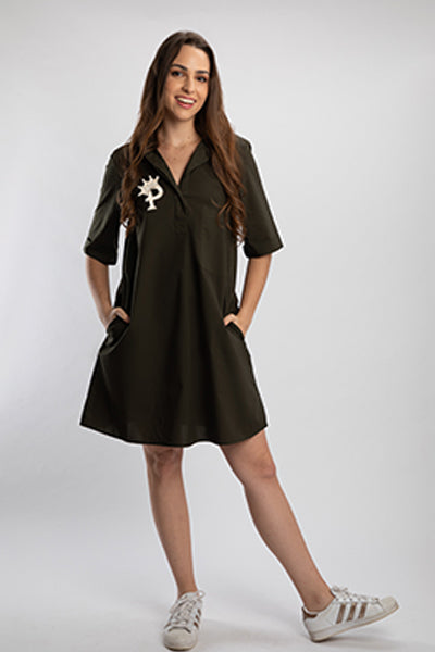 Olive Pleated Pocket Dress with PLV Brooch