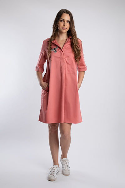 Sea Shell Pink Pleated Pocket Dress With PLV Brooch