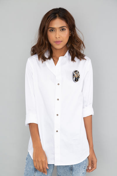 White Boxy Shirt with PLV Brooch