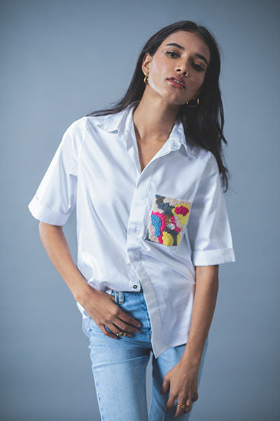 White Abstract Pop Embellished Shirt