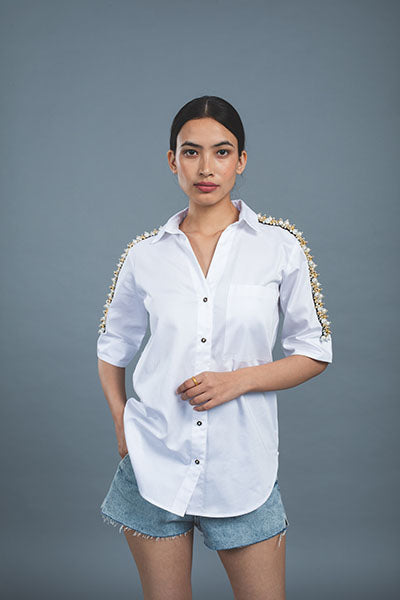 White Audrey Pearl Ribbon Shirt