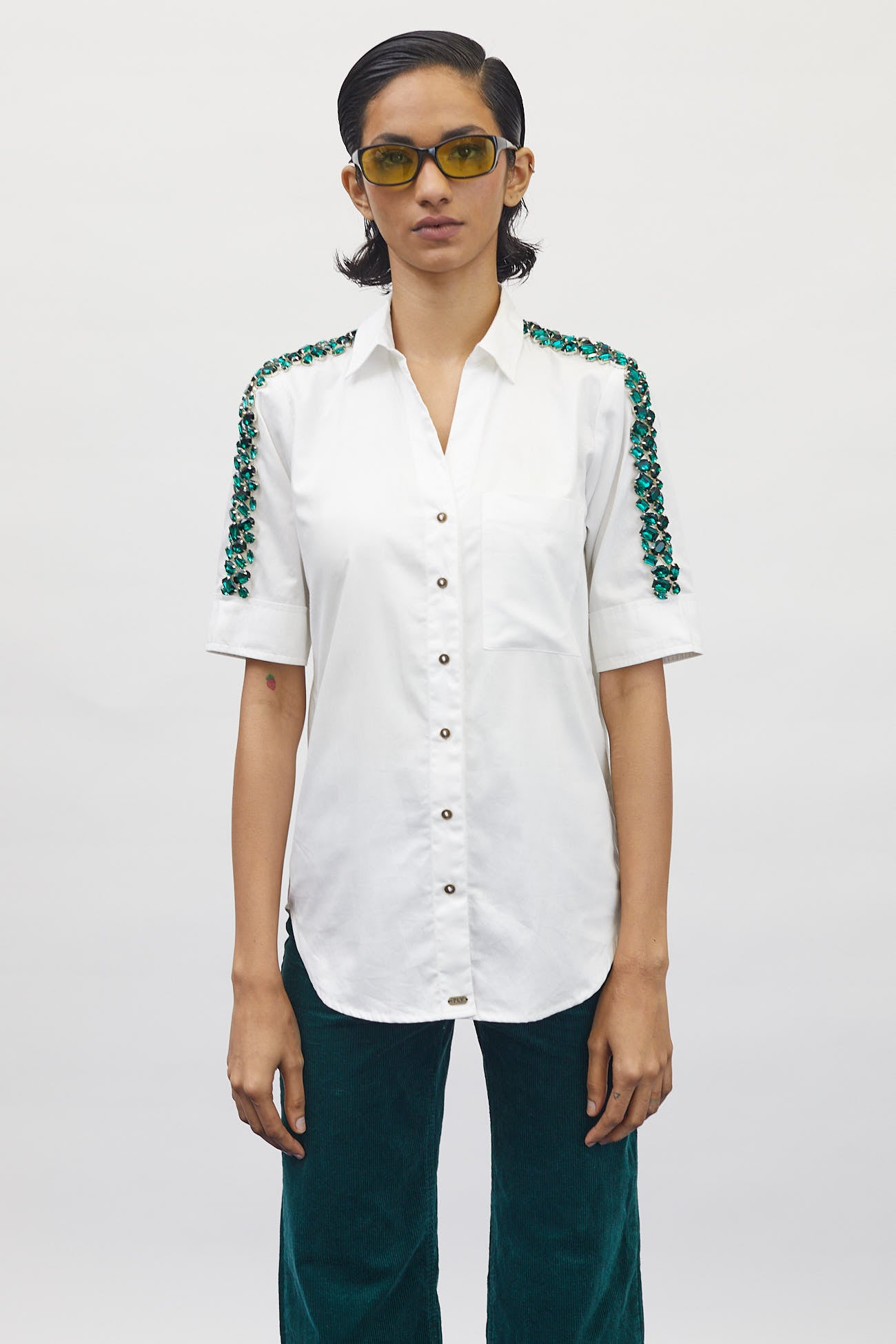 White Swarovski Emerald Ribbon Shirt