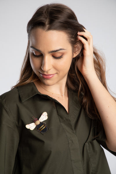Olive Pleated Pocket Dress with PLV Brooch