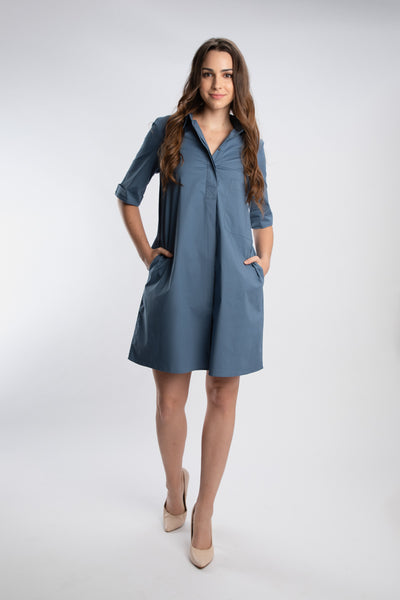 Elephant Grey Pleated Pocket Dress With PLV Brooch
