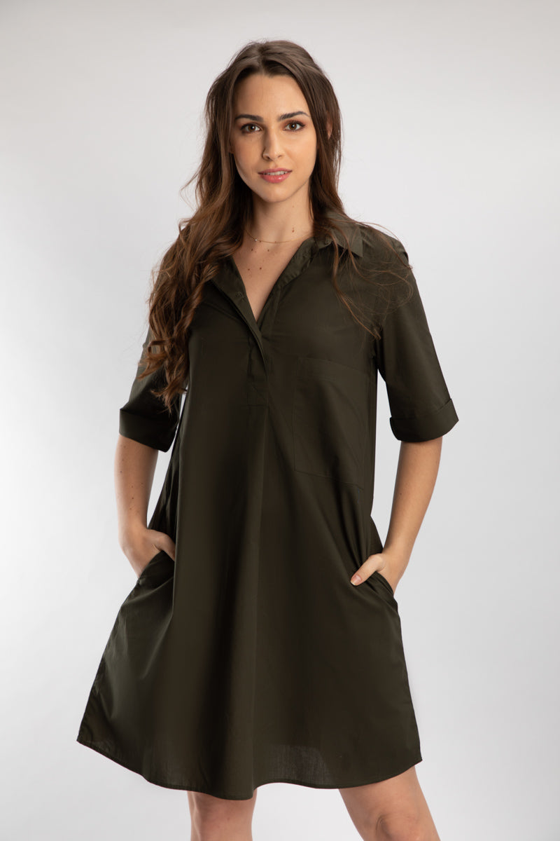 Olive Pleated Pima Cotton Dress with Beetle Brooch