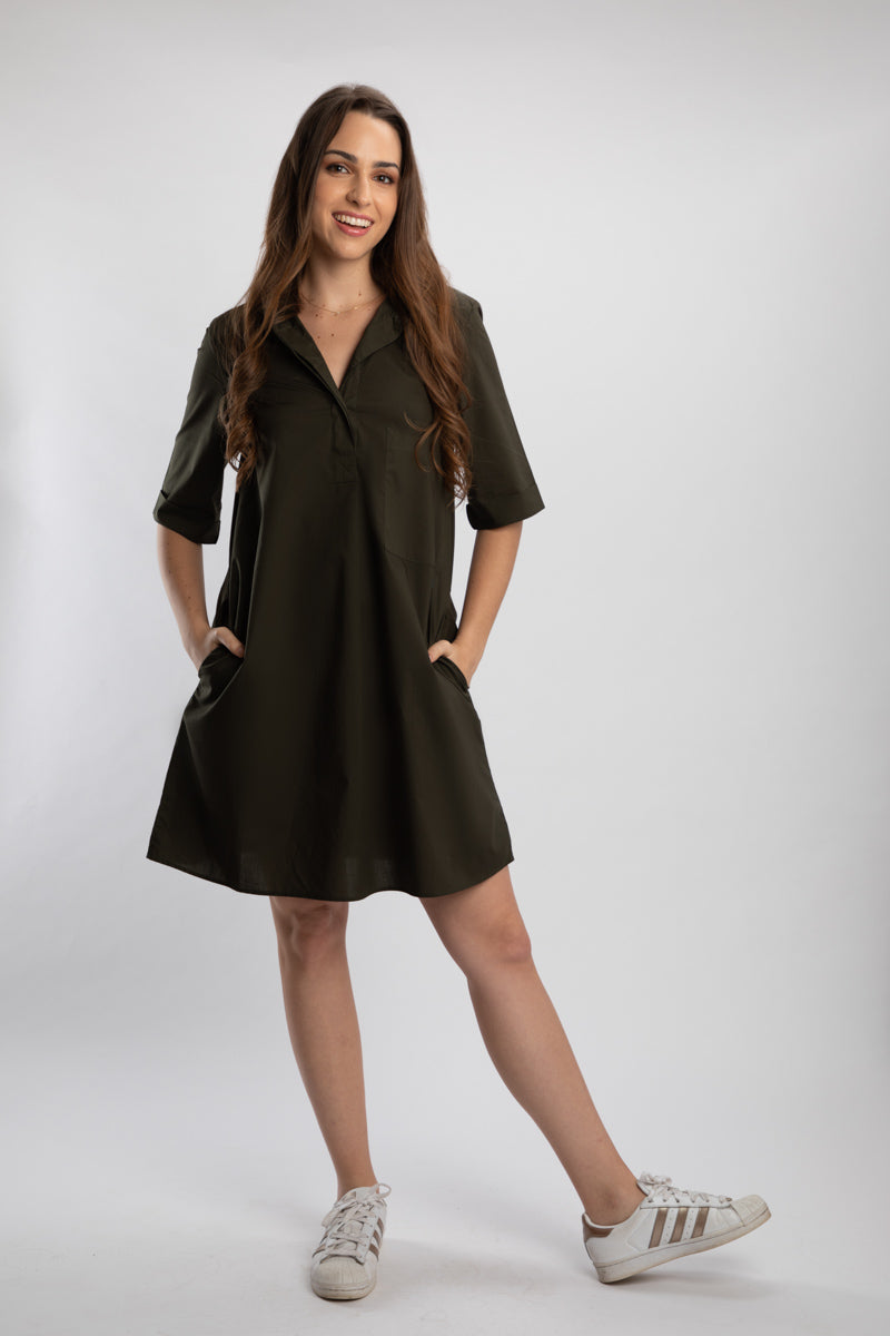 Olive Pleated Pima Cotton Dress with Beetle Brooch