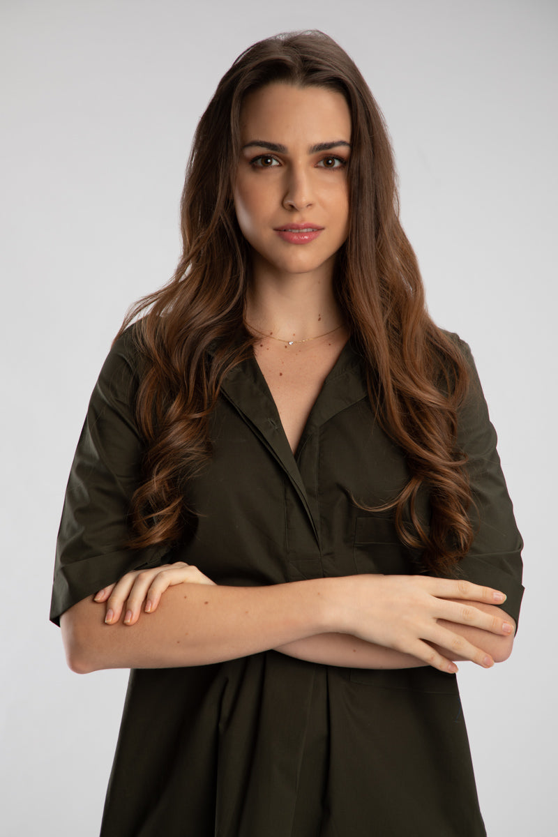 Olive Pleated Pima Cotton Dress with Beetle Brooch